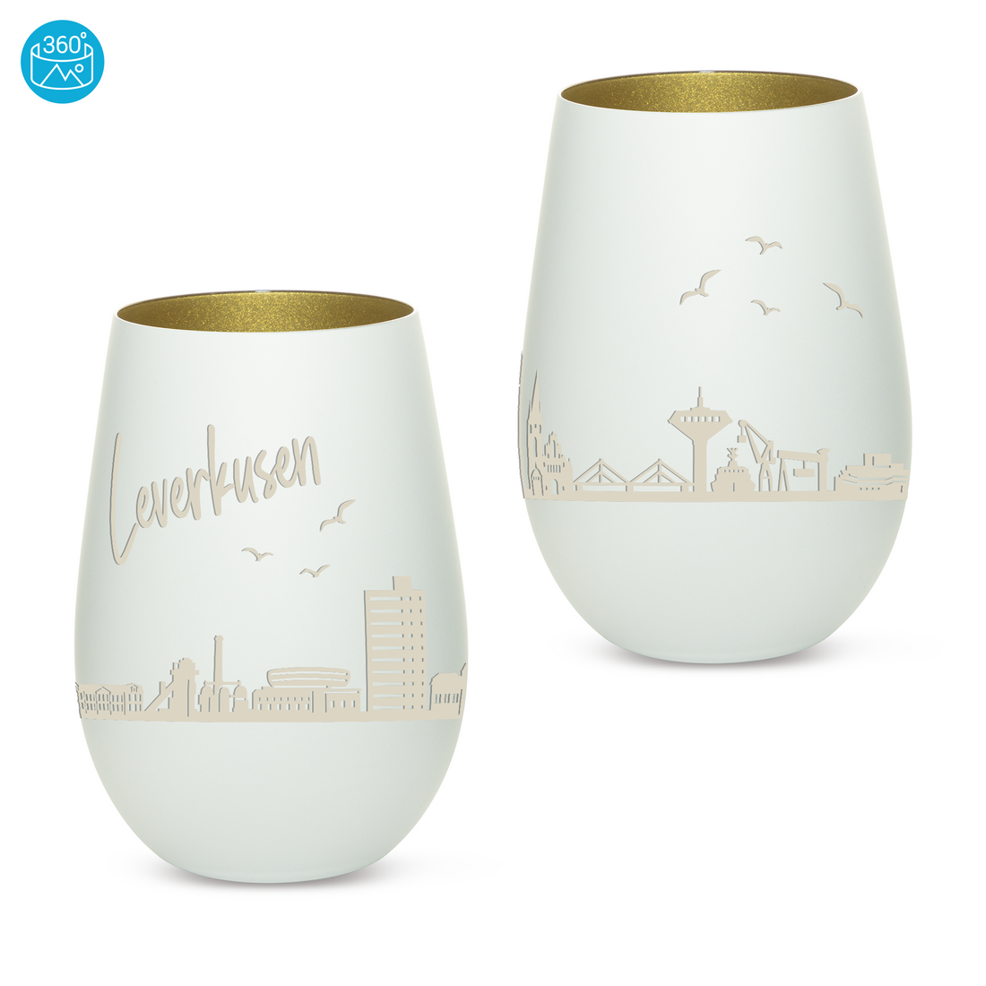 Edles Glas Windlicht mit Gravur "SKYLINE LEVERKUSEN" in 6 verschiedenen Farben