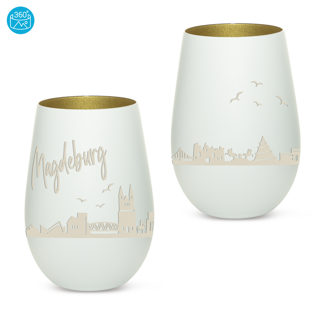 Edles Glas Windlicht mit Gravur "SKYLINE MAGDEBURG" in 6 verschiedenen Farben