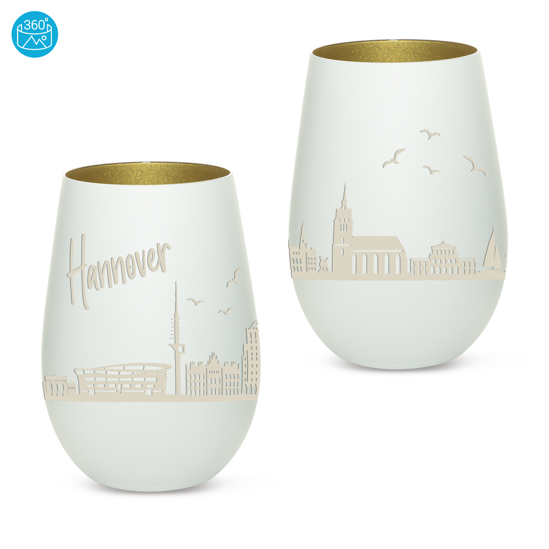 Edles Glas Windlicht mit Gravur "SKYLINE HANNOVER" in 6 verschiedenen Farben