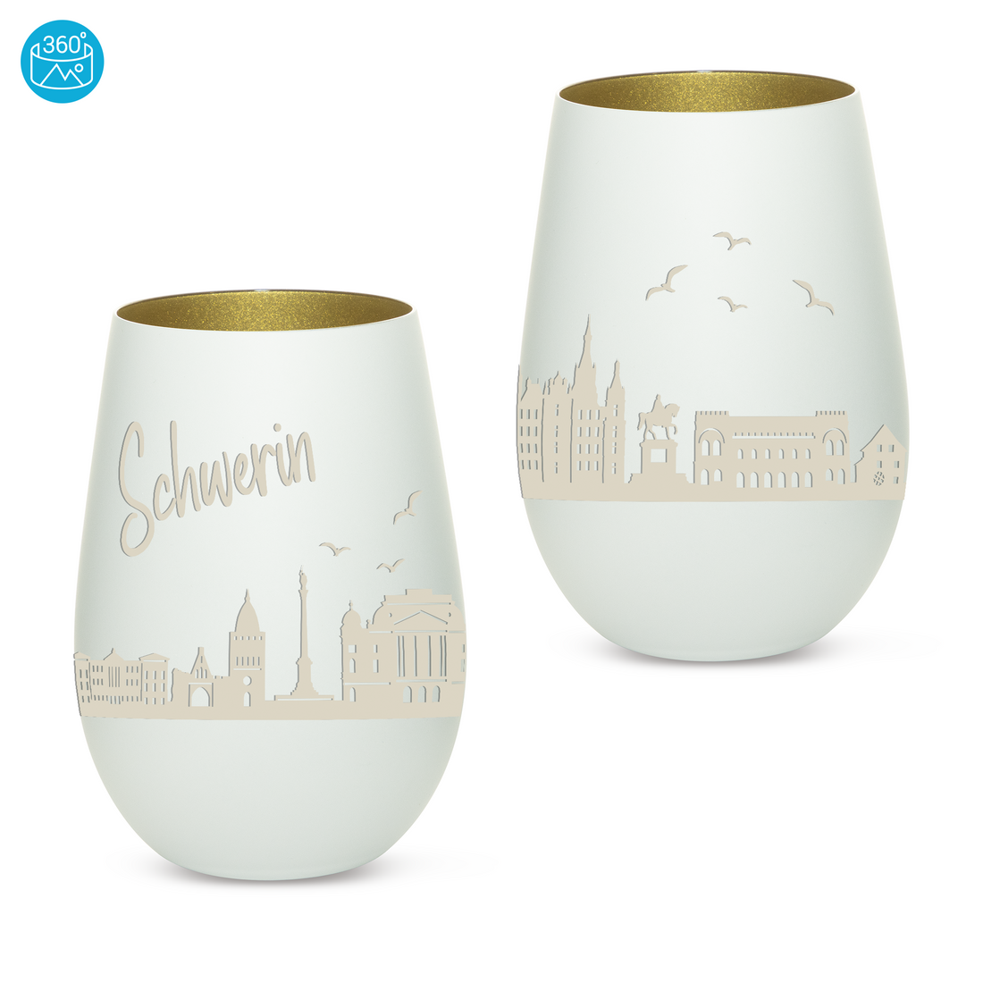 Edles Glas Windlicht mit Gravur "SKYLINE SCHWERIN" in 6 verschiedenen Farben