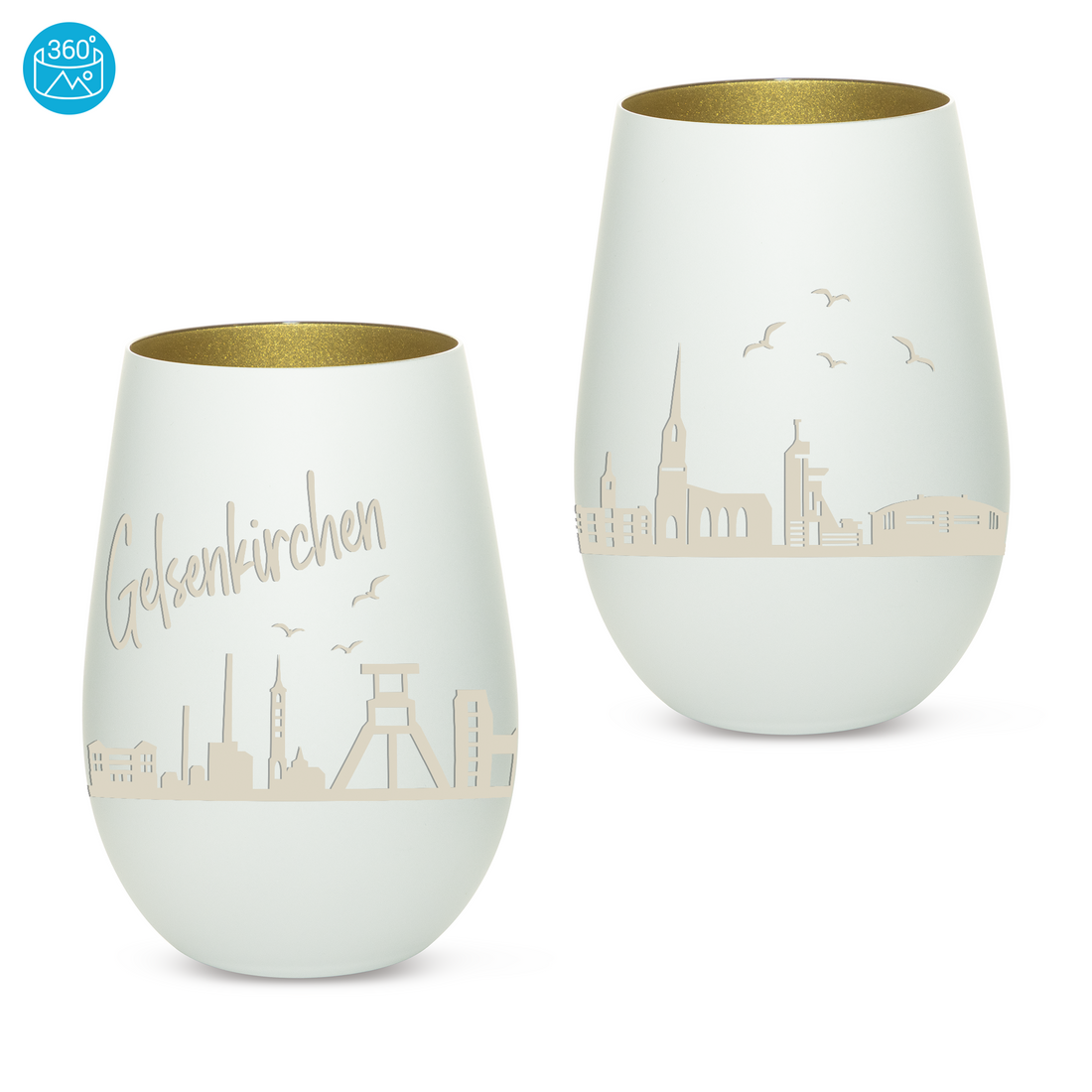 Edles Glas Windlicht mit Gravur "SKYLINE GELSENKIRCHEN" in 6 verschiedenen Farben