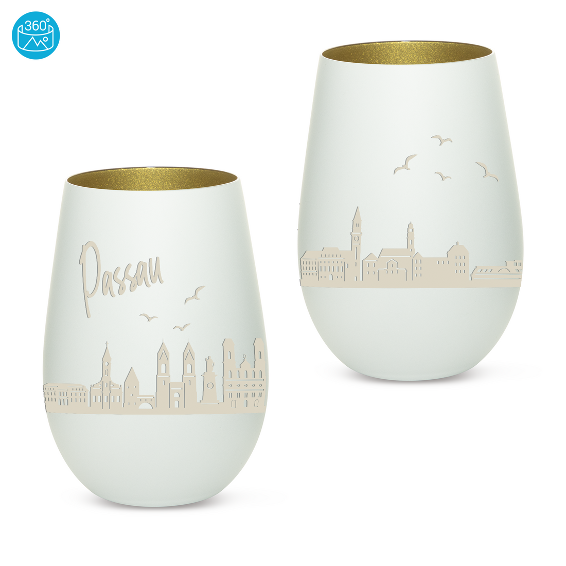 Edles Glas Windlicht mit Gravur "SKYLINE PASSAU" in 6 verschiedenen Farben