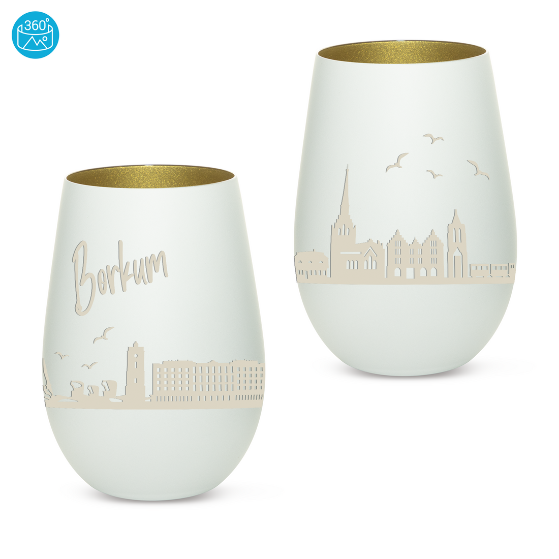 Edles Glas Windlicht mit Gravur "SKYLINE BORKUM" in 6 verschiedenen Farben