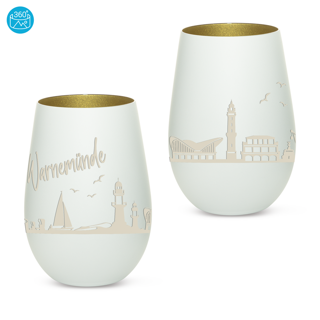 Edles Glas Windlicht mit Gravur "SKYLINE WARNEMÜNDE" in 6 verschiedenen Farben